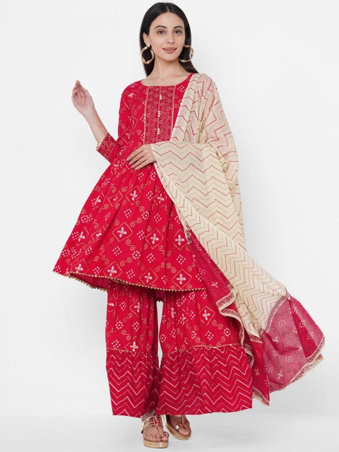 

FASHOR Women Red & Cream-Coloured Printed Kurti with Churidar & Dupatta