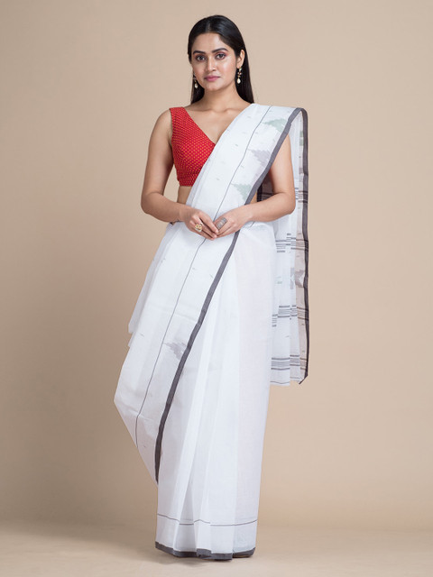 

Mitera White & Grey Pure Cotton Solid Taant Saree