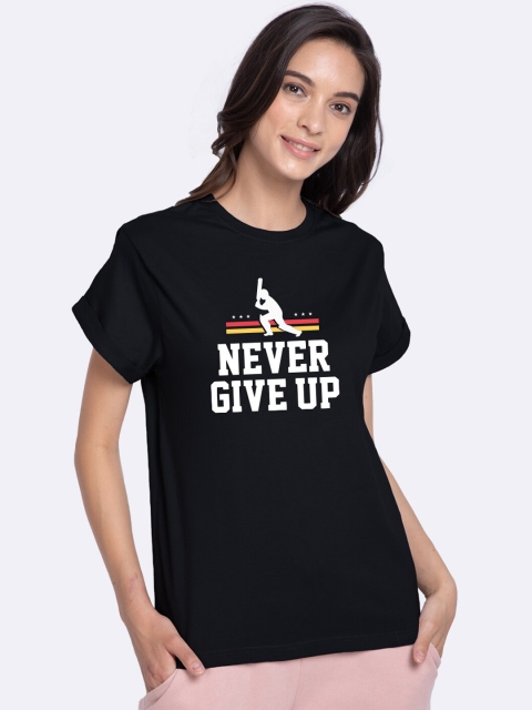 

Bewakoof Women Black Printed Round Neck Cotton Boyfriend T-shirt