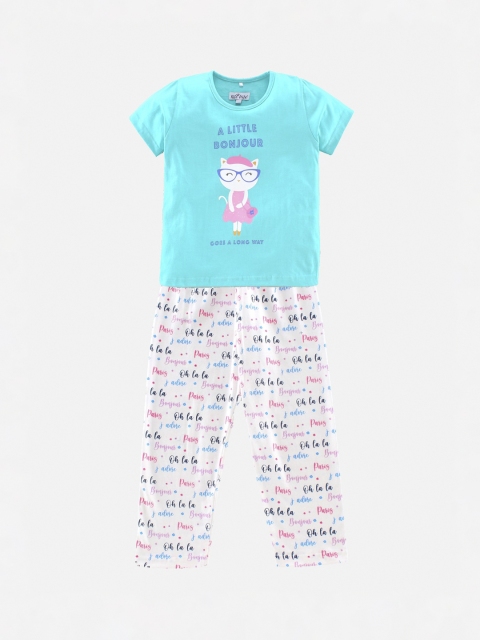 

Nite Flite Girls Blue & White Printed Night suit