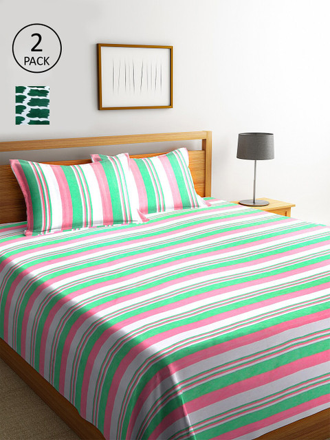 

KLOTTHE Set of 2 Green & White Woven Design 250-349 TC Double King Bed Covers