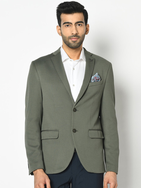 

Blackberrys Men Olive Green Self-Design Slim-Fit Single-Breasted Formal Blazer