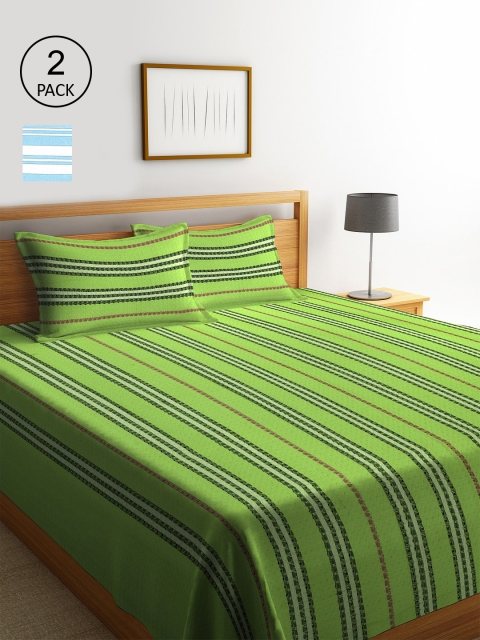 

KLOTTHE Green & White Set of 2 Woven Design Double Bed Cover with 4 Pillow Covers