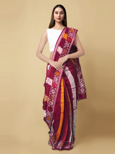 

Unnati Silks Maroon & White Silk Cotton Printed Chanderi Handloom Saree