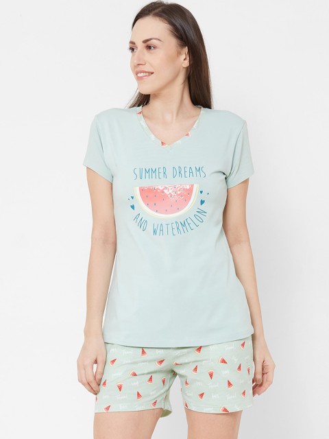 

Sweet Dreams Women Sea Green & Pink Printed Night suit
