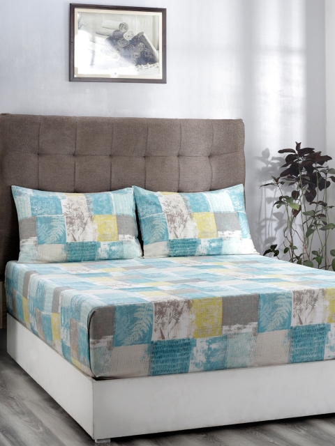 

MASPAR Blue & Yellow Geometric 210 TC Cotton 1 Queen Bedsheet with 2 Pillow Covers