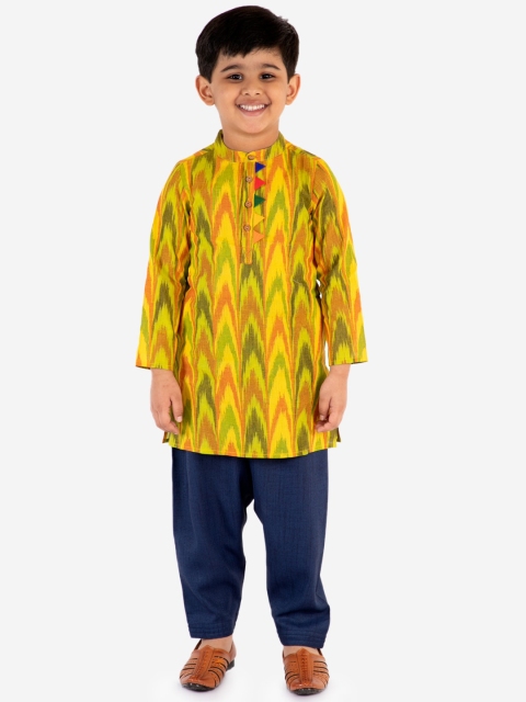 

Lil Peacock Boys Yellow & Navy Blue Striped Kurta with Pyjamas
