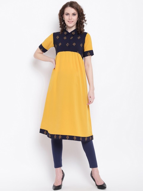 

Napra Women Mustard Yellow & Navy Blue Colourblocked Crepe Kurta