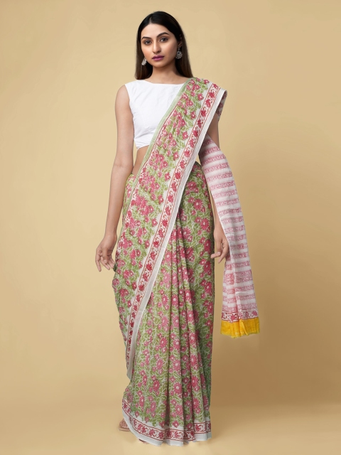 

Unnati Silks Green & Pink Pure Cotton Printed Kota Saree