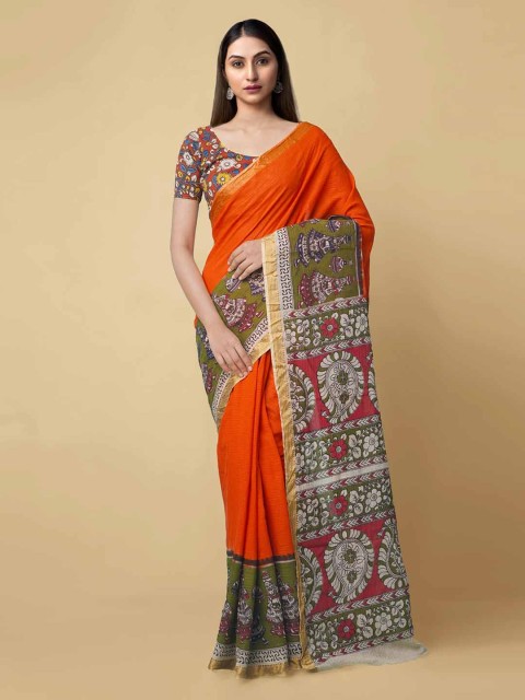 

Unnati Silks Orange Pure Cotton Kalamkari Printed Kanjeevaram Saree