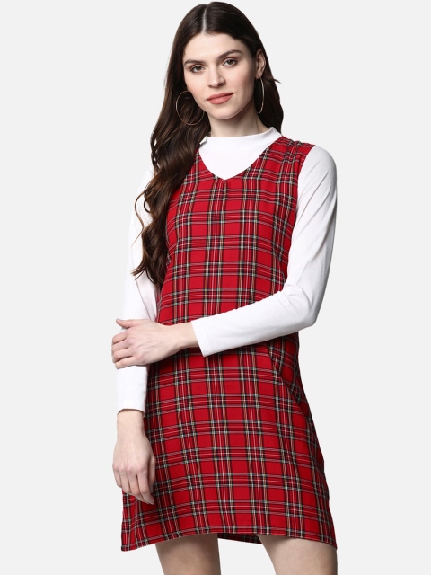FIVE STONES Women Red & White Checked A-Line Dress With Top