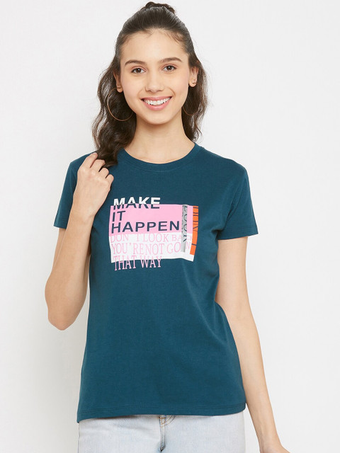 

Plagg Women Teal Printed Round Neck T-shirt