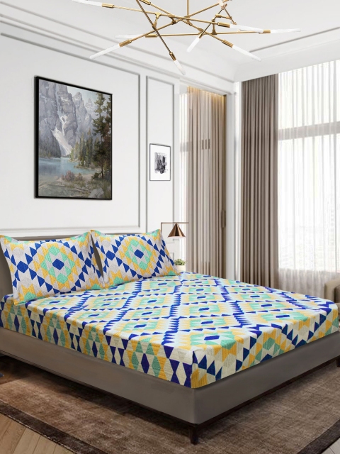 

Aura White & Blue Geometric 144 TC Cotton 1 King Bedsheet with 2 Pillow Covers