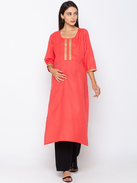 

Momtobe Women Peach-coloured Yoke Design Maternity Straight Kurta