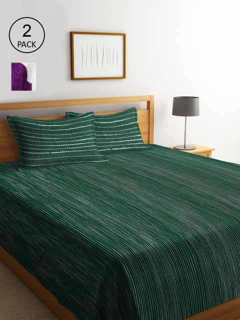 

KLOTTHE Set Of 2 Green & White Woven-Design Double Bed Covers With 4 Pillow Covers