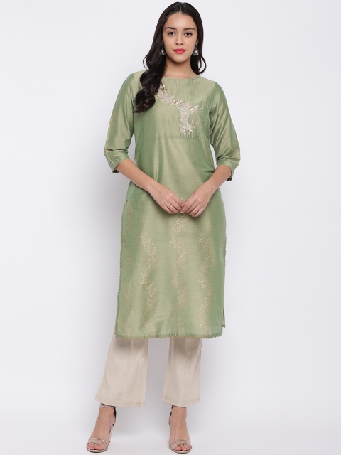 

Shakumbhari Women Green Ethnic Motifs Embroidered Thread Work Kurta