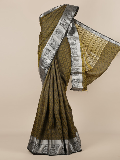 

Pothys Olive Green & Silver-Toned Jute Silk Woven Design Saree