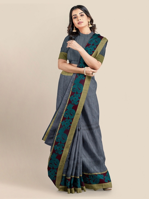 

KLM Fashion Mall Grey Silk Blend Solid Banarasi Saree