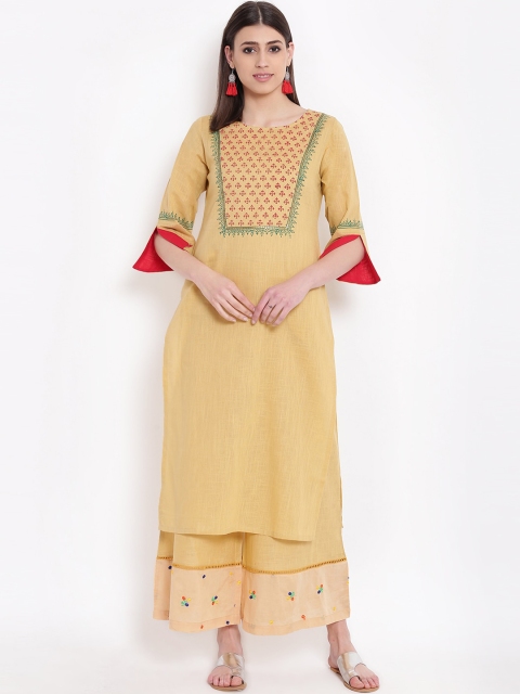 

Shakumbhari Women Beige & Pink Ethnic Motifs Yoke Design Bell Sleeves Thread Work Kurta