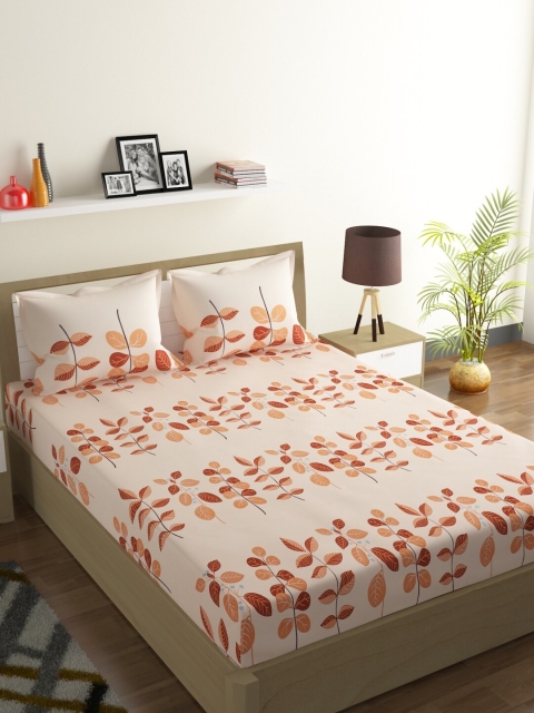 

ROMEE Beige & Brown Floral 144 TC Cotton 1 Queen Bedsheet with 2 Pillow Covers