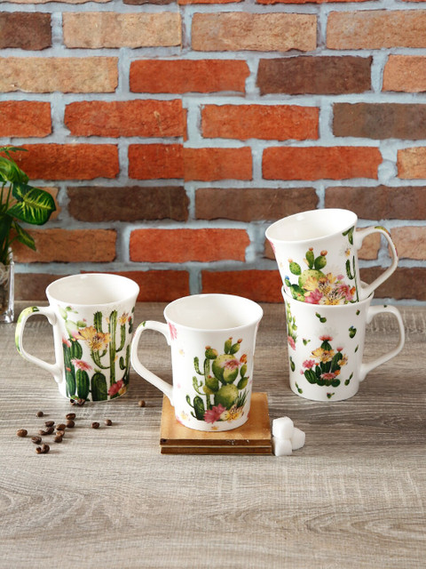 

House Of Accessories Set Of 4 White & Green Printed Ceramic Mugs Set