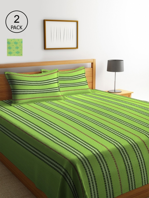 

KLOTTHE Set Of 2 Woven Design Double King Bed Covers With 4 Pillow Covers, Green