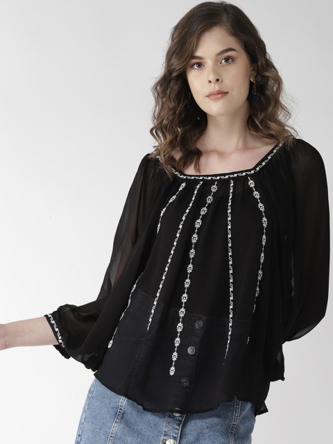 

Quiero Black Embroidered Batwing Sleeves A-line Top