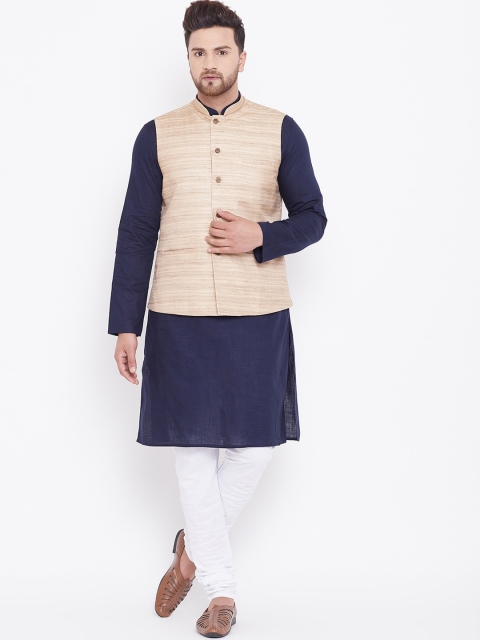

VASTRAMAY Men Navy Blue & White Solid Kurta with Churidar & Nehru Jacket