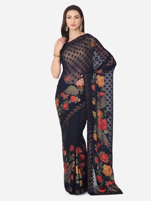 

BOMBAY SELECTIONS Navy Blue Printed Brasso Saree