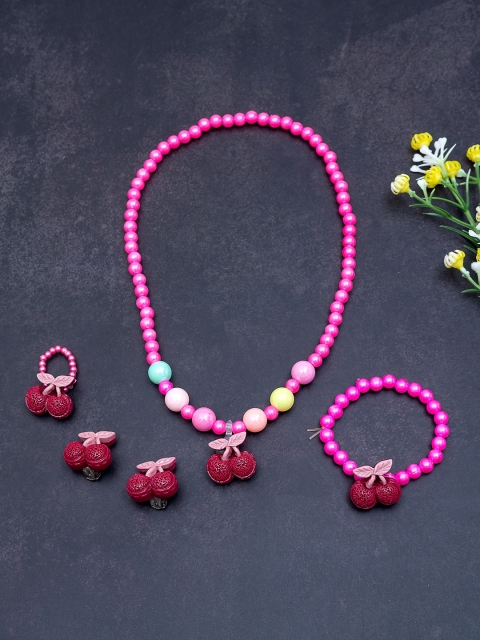 

Golden Peacock Girls Pink & Red Beaded Stretchable Handcrafted Jewellery Set