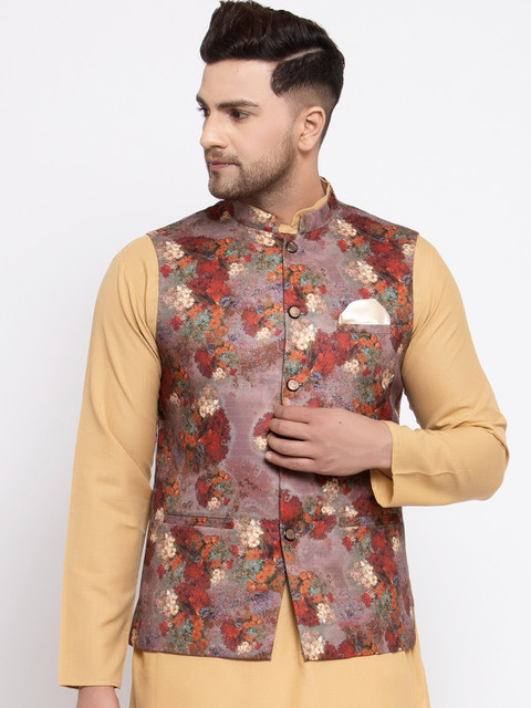 

MAXENCE Men Purple & Red Printed Nehru Jacket