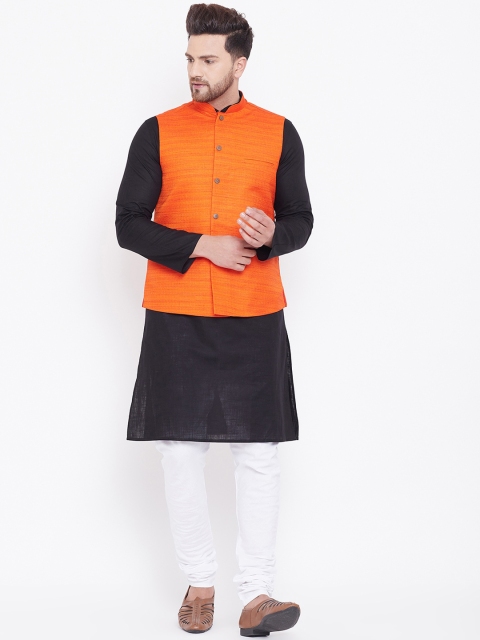 

VASTRAMAY Men Black Solid Kurta with Churidar & Nehru Jacket