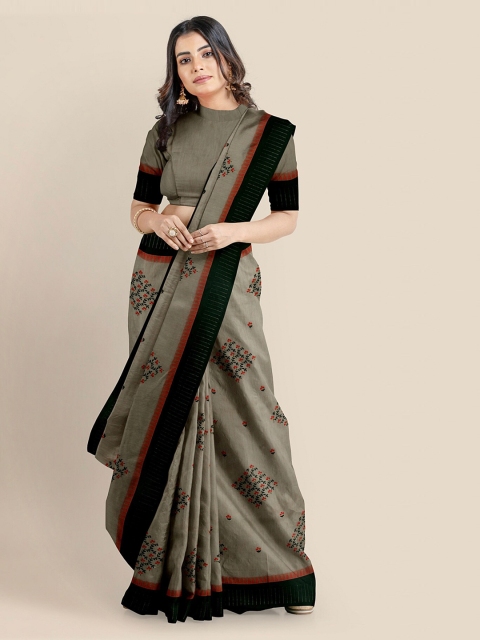 

KLM Fashion Mall Taupe Cotton Blend Printed Banarasi Saree