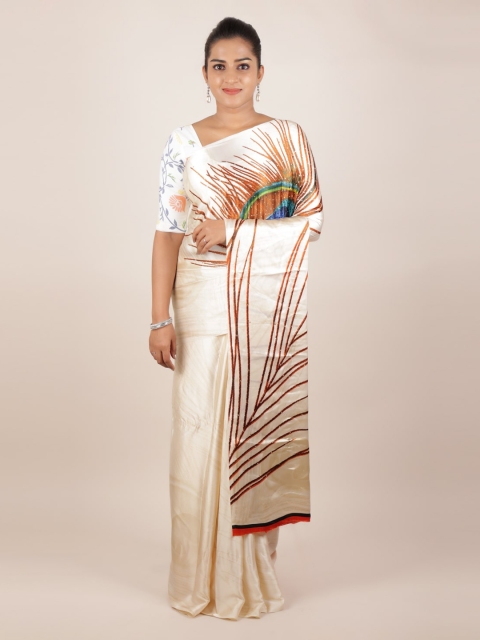 

Pothys Cream-Coloured Printed Satin Saree