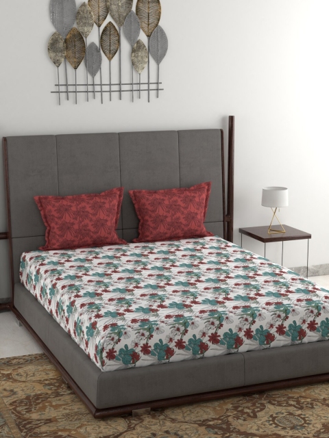 

Trident White & Teal Floral 144 TC Cotton 1 King Bedsheet with 2 Pillow Covers