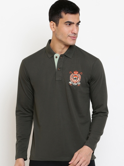 GHPC Men Olive Green Solid Polo Collar Slim Fit T-shirt