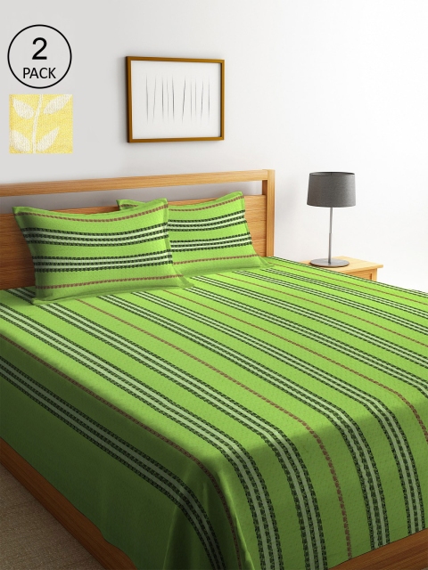 

KLOTTHE Set Of 2 Woven Design Double King Bed Covers With 4 Pillow Covers, Green