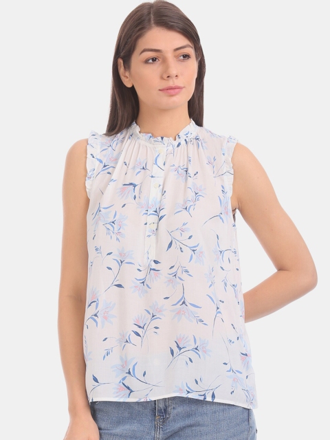 

Gap White & Blue Floral Printed Regular Top