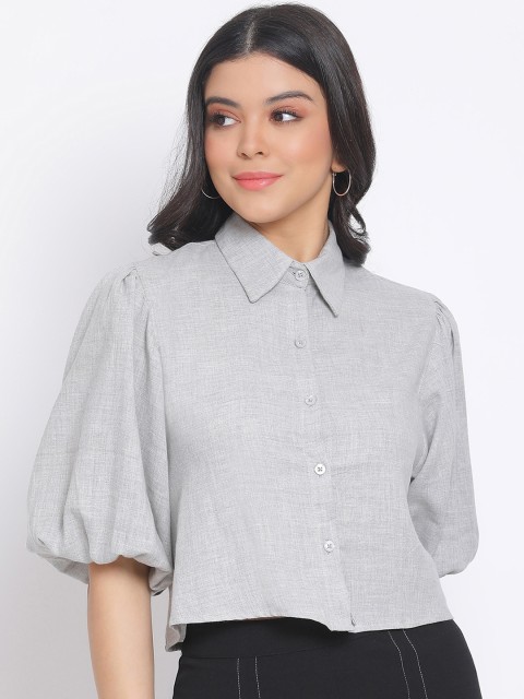 

Oxolloxo Women Grey Regular Fit Solid Casual Crop Shirt