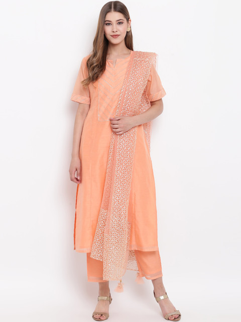 

Shakumbhari Women Peach-Coloured Yoke Design Kurta with Trousers & Dupatta