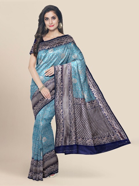 

KLM Fashion Mall Blue & Silver-Toned Silk Blend Woven Design Banarasi Saree