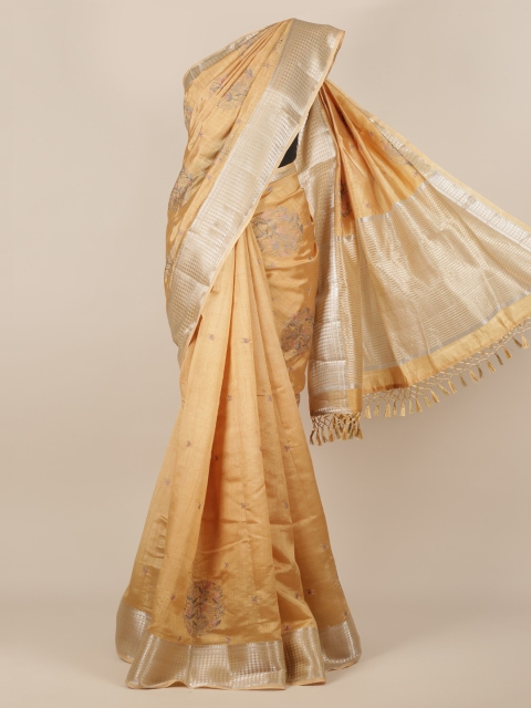 

Pothys Gold-Toned & Beige Jute Silk Embroidered Saree