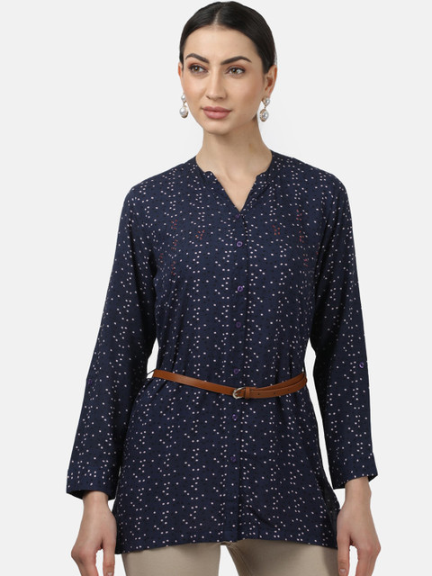 

Monte Carlo Navy Blue & Off White Printed Mandarin Collar Top