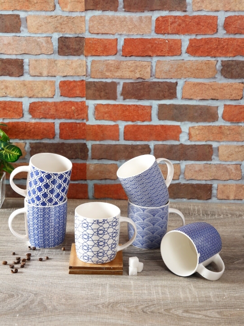 

House Of Accessories Set Of 6 Blue & White Printed Ceramic Mugs