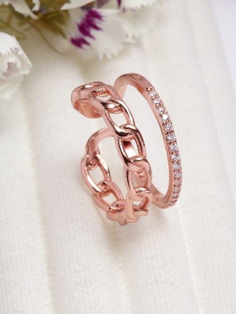 

Ferosh Women Rose Gold-Toned White Stone-Studded Adjustable Finger Ring