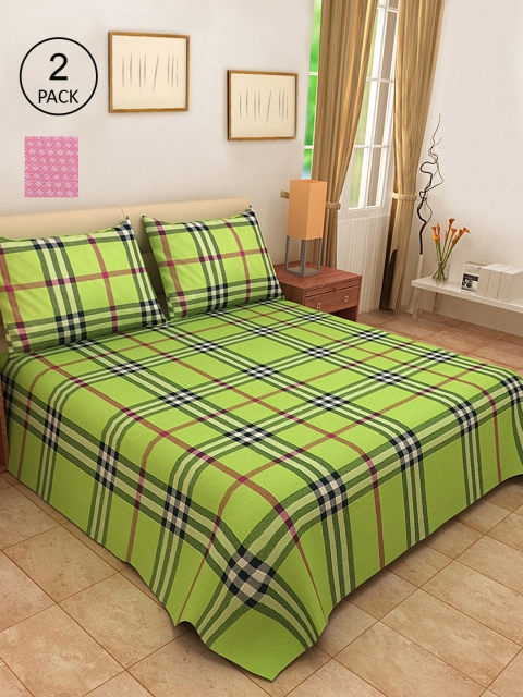 

KLOTTHE Set Of 2 Pink & Green Checked Double Bed Covers With 4 Pillow Covers