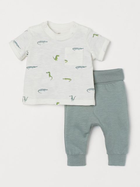 

H&M Kids Gren & White Printed 2 Piece Cotton Set