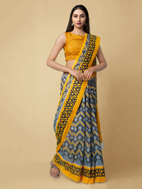 

Unnati Silks Grey & Yellow Pure Cotton Printed Handloom Pochampally Saree