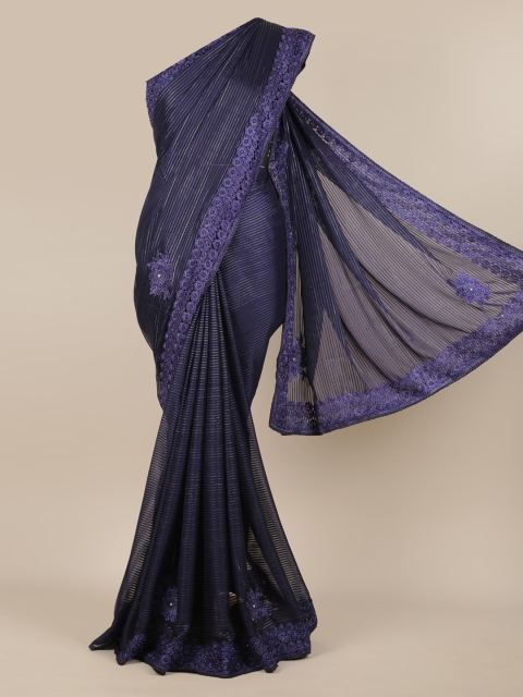 

Pothys Navy Blue Striped Poly Chiffon Saree