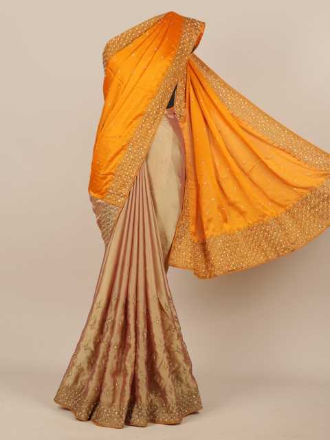 

Pothys Mustard & Gold-Toned Poly Chiffon Colourblocked Saree